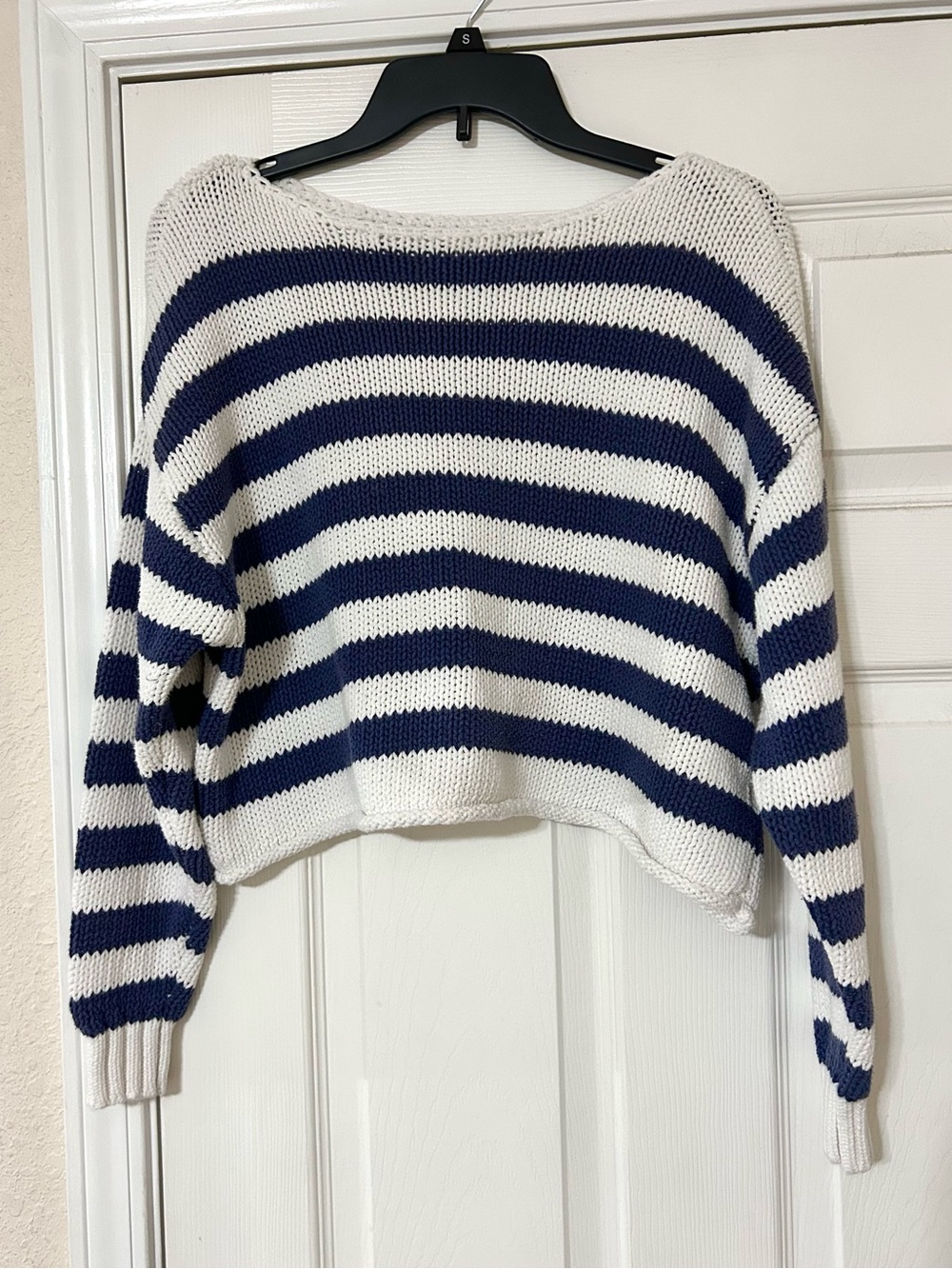 Aerie Striped Navy and White Cropped Knit Sweater